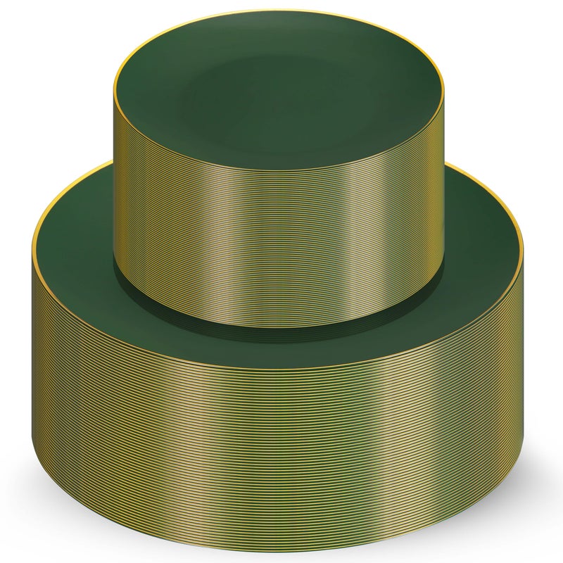 Munfix 100 Green Gold Plastic Plates Set 50 Pcs 10 Inch Dinner and 50 Pcs 7 Inch Plastic Dessert Plates Elegant Fancy Heavy Duty Disposable Plates for Party Wedding Green with Gold Rim